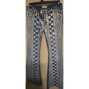 Free People Printed Flowers & Stripes Raw Hem Flare Jeans, Size 28